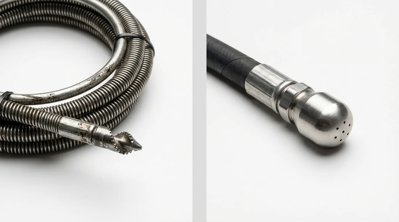 Drain snake cable and hydro jetting nozzle used for drain cleaning in Amherst, WI
