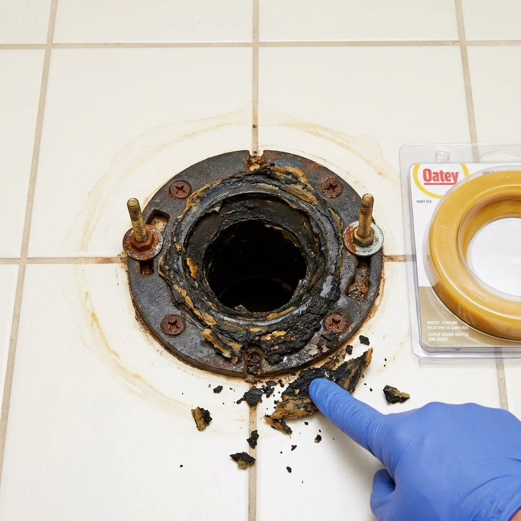 Failed wax ring showing water seepage at the base of a toilet in a Amherst, WI home