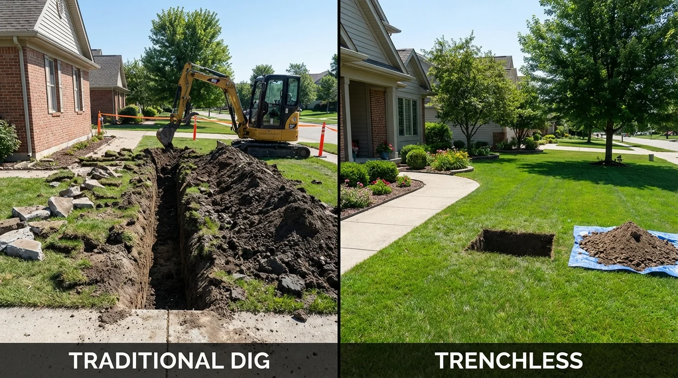 Trenchless sewer repair with minimal yard damage versus traditional excavation in Amherst, WI